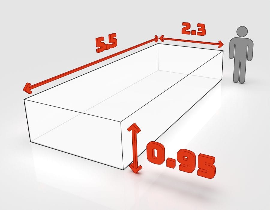Dimensions de la benne 10 m³ à louer à Schiltigheim : 5,5 × 2,3 × 0,95 m