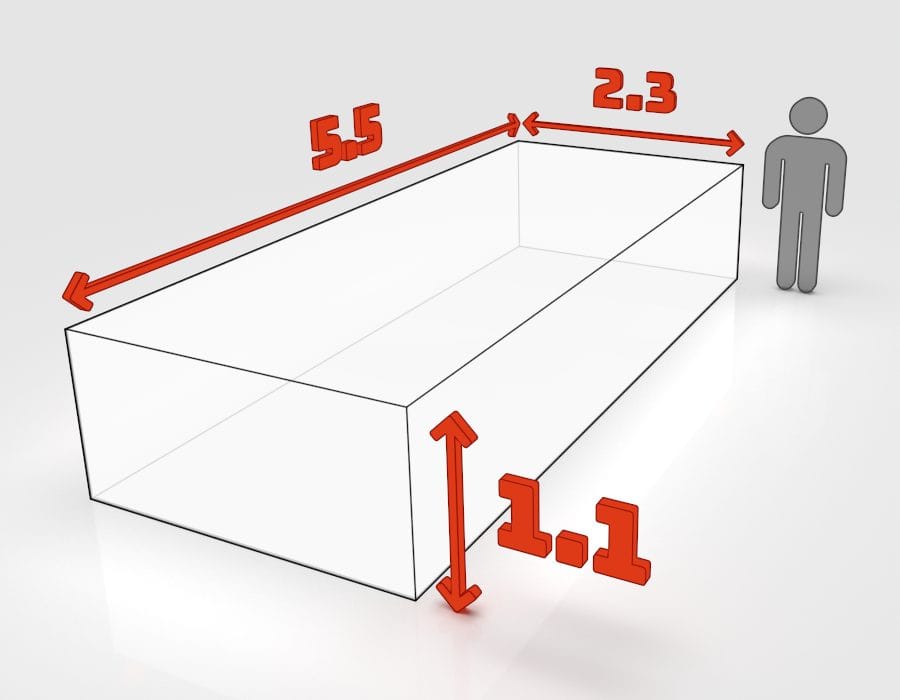 Dimensions de la benne 15 m³ à louer à Schiltigheim : 5,5 × 2,3 × 1,1 m