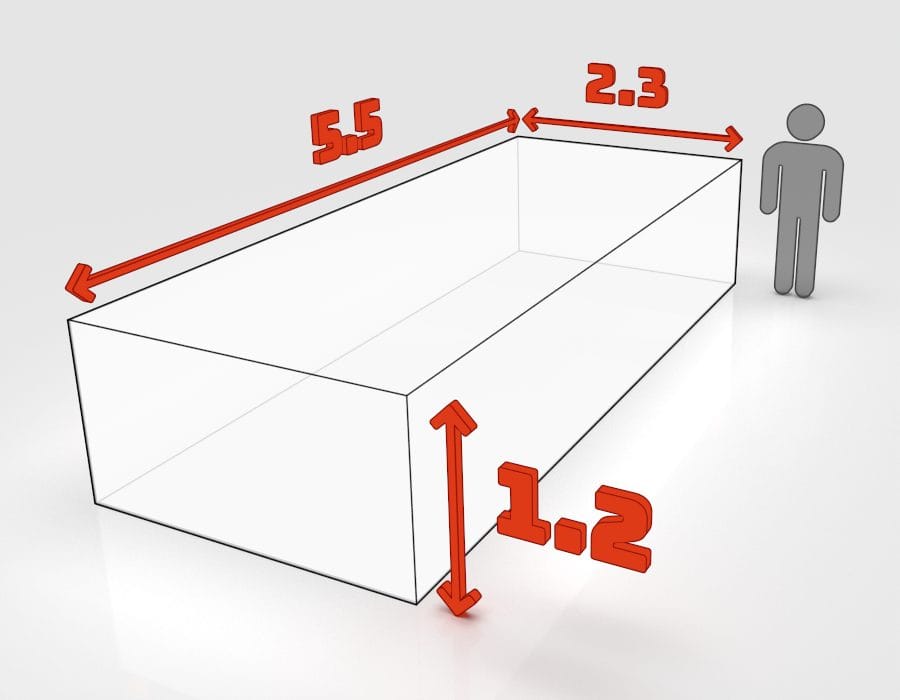Dimensions de la benne 20 m³ à louer à Schiltigheim : 5,5 × 2,3 × 1,2 m