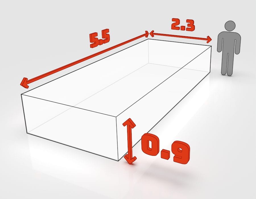 Dimensions de la benne 8 m³ à louer à Schiltigheim : 5,5 × 2,3 × 0,9 m